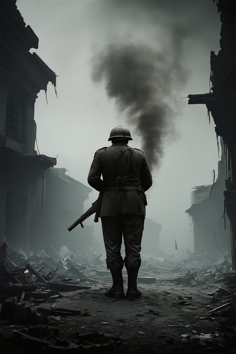 A dramatic scene unfolds: a World War II-era battlefield, with smoke-filled clouds hovering above ravaged buildings. A weary soldier, dressed in tattered uniform, stands amidst the ruins, looking out upon the devastation. His helmet lies shattered at his feet, as he clutches a broken rifle, his face etched with exhaustion and despair.