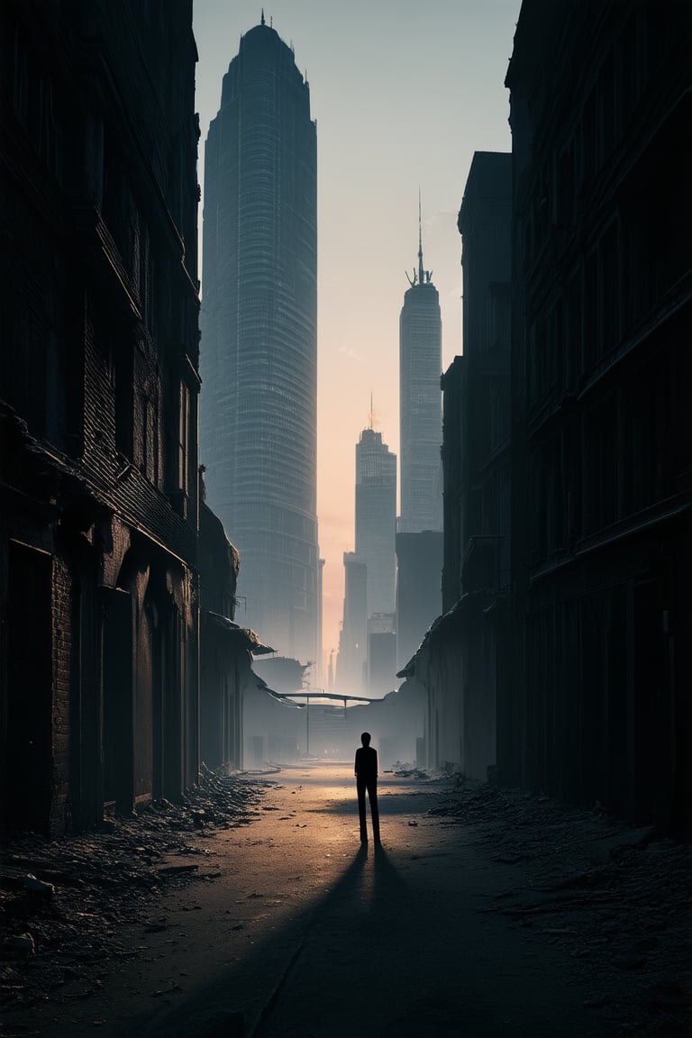 A hauntingly lit cityscape at dusk, with towering skyscrapers shrouded in a perpetual twilight haze, casting long shadows on the deserted streets. The air is heavy with an otherworldly energy as dark creatures lurk in every alleyway and corner, while a lone figure stands atop a crumbling ruin, silhouetted against the foreboding darkness.