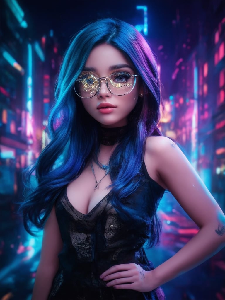 A cyberpunk beauty stands out against a vibrant, neon-lit backdrop. She wears clear glasses with intricate circuitry patterns, her gaze piercing through the digital haze. Golden ratio details dance across her face, as she poses confidently, one hand resting on her hip. The camera zooms in to reveal a masterpiece of detailed eyes and face, with smooth, sharp focus. Light leaks and subsurface scattering create a mesmerizing effect, while rim light accentuates her features. In the background, a deep cityscape unfolds, filled with vibrant complementary colors that pop against the dark tones. Ever after high, this cyberpunk siren shines like a beacon of hope, radiating heartwarming charm in 32k UHD glory.