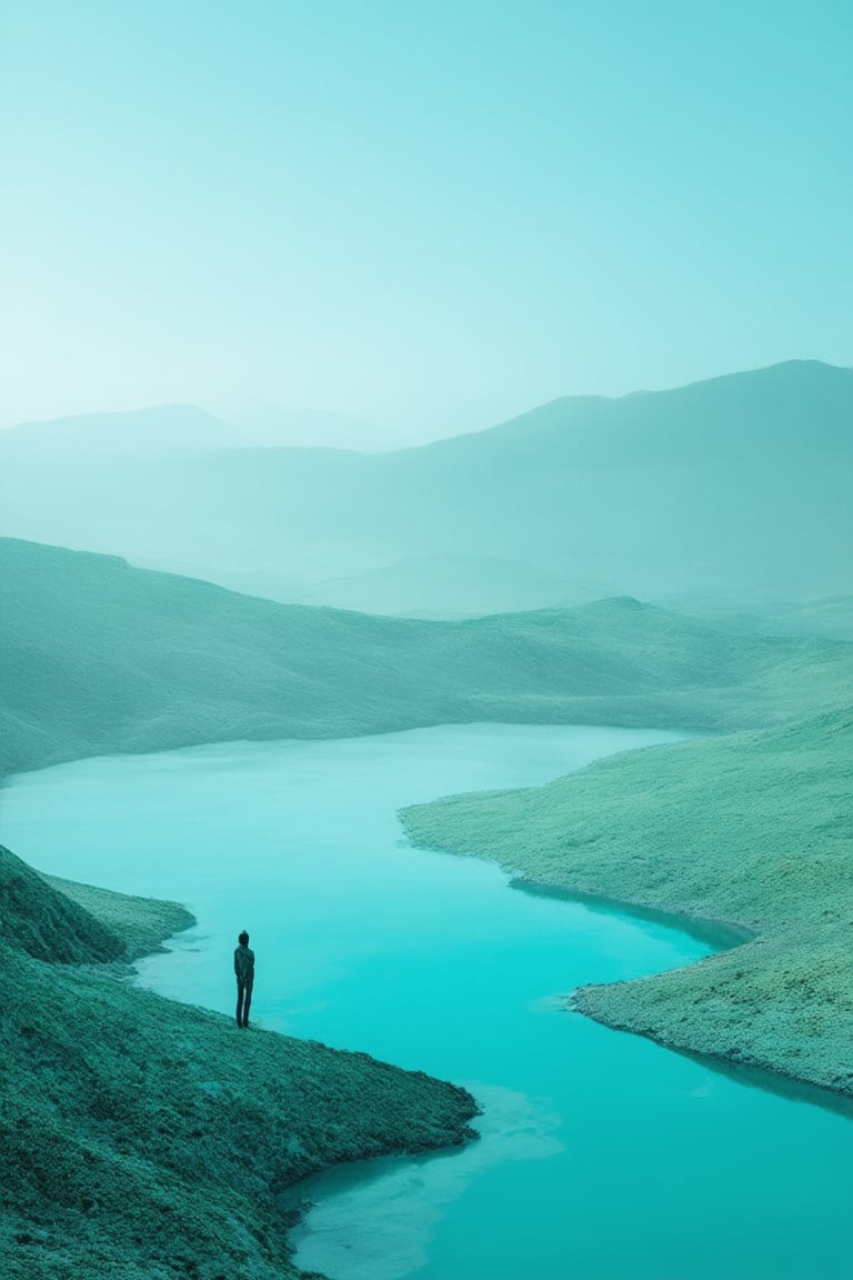 A surreal landscape on a vibrant cyan planet: A lone figure stands at the edge of a glowing turquoise lake, surrounded by iridescent blue-green hills that fade into a misty horizon. Soft, luminescent light casts an ethereal glow, as if the very atmosphere is illuminated. The subject's pose conveys a sense of contemplation, gazing out at the mystical scenery.