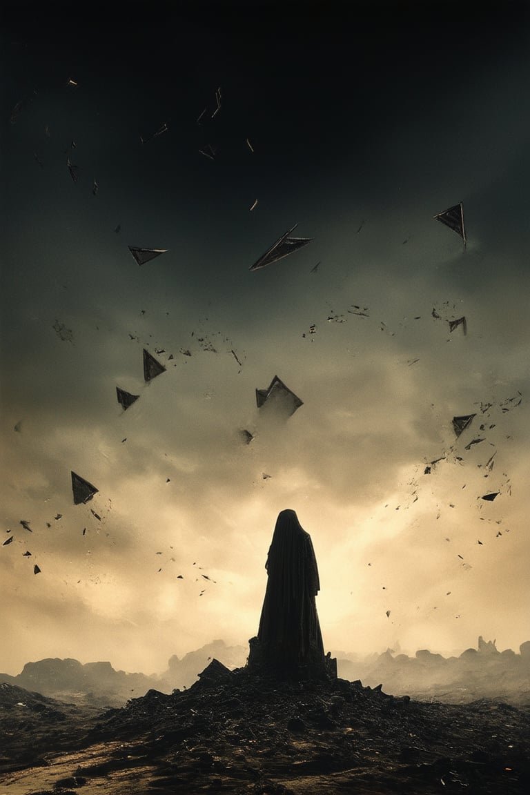 A hauntingly lit, eerie landscape: a desolate darkside world unfolds before us. Shattered remnants of ancient structures pierce the black sky like skeletal fingers. A lone figure, shrouded in shadows, stands atop a crumbled spire, the only source of light emanating from their outstretched hand, casting an otherworldly glow across the barren terrain.