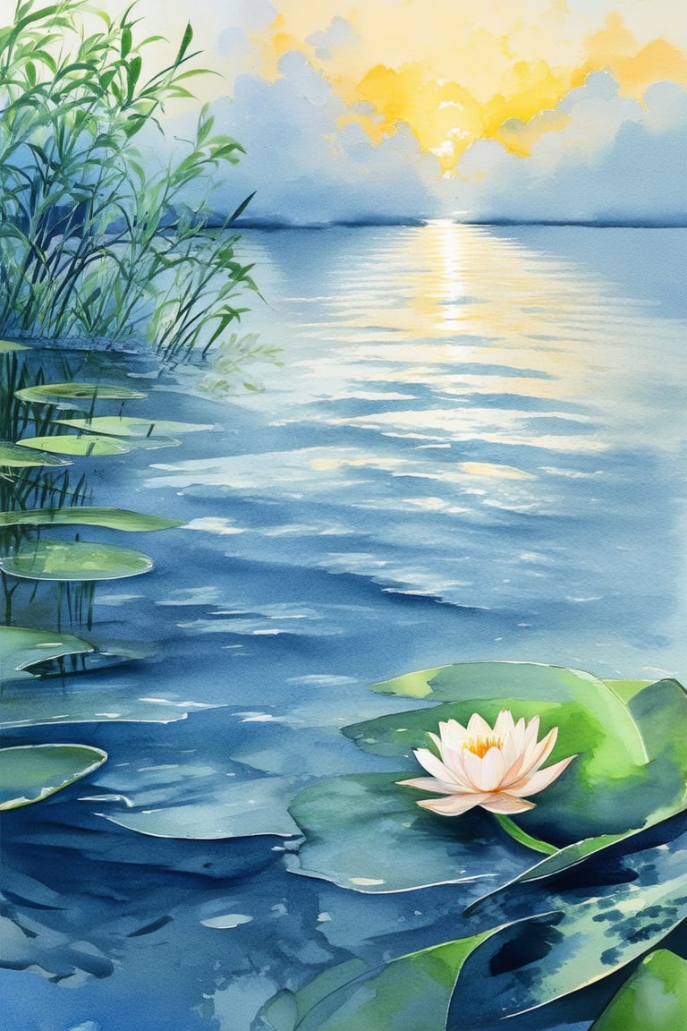 A delicate watercolor painting of a serene lake at dawn's whisper, with wispy clouds drifting lazily across the sky, casting gentle ripples on the calm water. A single lotus flower blooms in the foreground, its petals unfolding like silk, surrounded by lush greenery and subtle shades of blue and green hues.