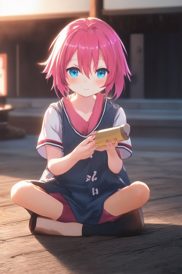 A close-up shot of a young Kaghi Anime character, with vibrant pink hair and bright blue eyes, sits cross-legged on a worn wooden floor. The soft glow of a lantern casts a warm, golden light on their determined expression as they gaze intently at a scroll in their hand. The background is blurred, with subtle hints of traditional Japanese architecture.