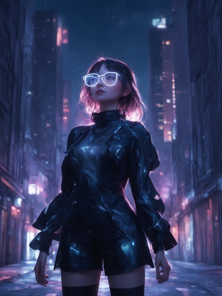 A cyberpunk girl with clear neon glasses stands in a dimly lit alley, framed by towering skyscrapers. Golden ratio details adorn her futuristic outfit, as she gazes upwards with an expression of wonder. In the 32K UHD digital painting, intricate textures and decadent patterns cover every inch of her attire. With smooth, sharp focus, her eyes sparkle like stars in the night sky. Art by artgerm, loish, or wlop, this masterpiece is a true work of fantasy, featuring light leaks, subsurface scattering, and rim lighting that casts a warm glow on her face. The vibrant complementary colors in the background create a sense of depth and dimensionality, drawing the viewer in with its heartwarming, uplifting charm.