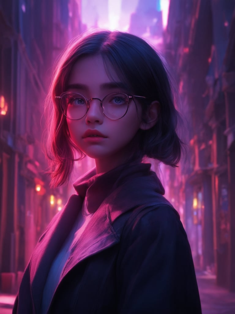 In a neon-drenched cyberpunk cityscape, a captivating girl with clear glasses shines like a beacon. Framed by a golden ratio composition, she stands amidst intricate, decadent architecture. Her face, painted in 32k UHD detail, radiates warmth and charm (ever after high). Sharp focus and smooth textures render her features, reminiscent of Artgerm's style. The background glows with light leaks, subsurface scattering, and rim lighting, creating a beautiful, vibrant atmosphere. A masterpiece of digital art, this concept piece on Artstation is a testament to the artist's skill in UHD detail.