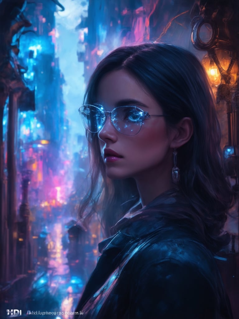 A cyberpunk beauty gazing out into a neon-lit cityscape, her clear glasses glowing with an ethereal intensity. Against the golden ratio-posed composition, she stands amidst intricate, decadent details of steam-punk machinery and fantasy creatures. In 32k UHD resolution, every brushstroke shines in Octane Render's smooth, sharp focus. Inspired by Artgerm, Loish, and Wlop, this digital painting masterpiece features detailed eyes that sparkle like the city lights. The subject is set against a deep background of vibrant complementary colors, with subtle light leaks and subsurface scattering adding warmth to the rim lighting, creating a heartwarming, uplifting, and charming atmosphere.