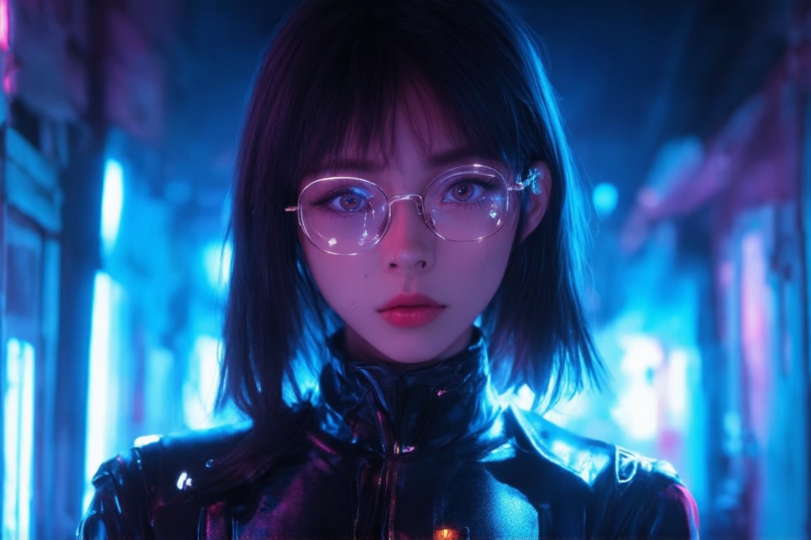 In a dimly lit, neon-lit alleyway, a cyberpunk girl with clear glasses and piercing eyes stares directly into the camera. Golden ratio details adorn her outfit, as if infused with an otherworldly essence. In 32k UHD, every strand of hair, every curve of her face, is meticulously rendered in smooth, sharp focus. Against a deep, vibrant background, she radiates an aura of charm and whimsy, her features illuminated by subtle light leaks and subsurface scattering. Her eyes, pools of detailed wonder, seem to hold secrets and mysteries waiting to be unlocked.