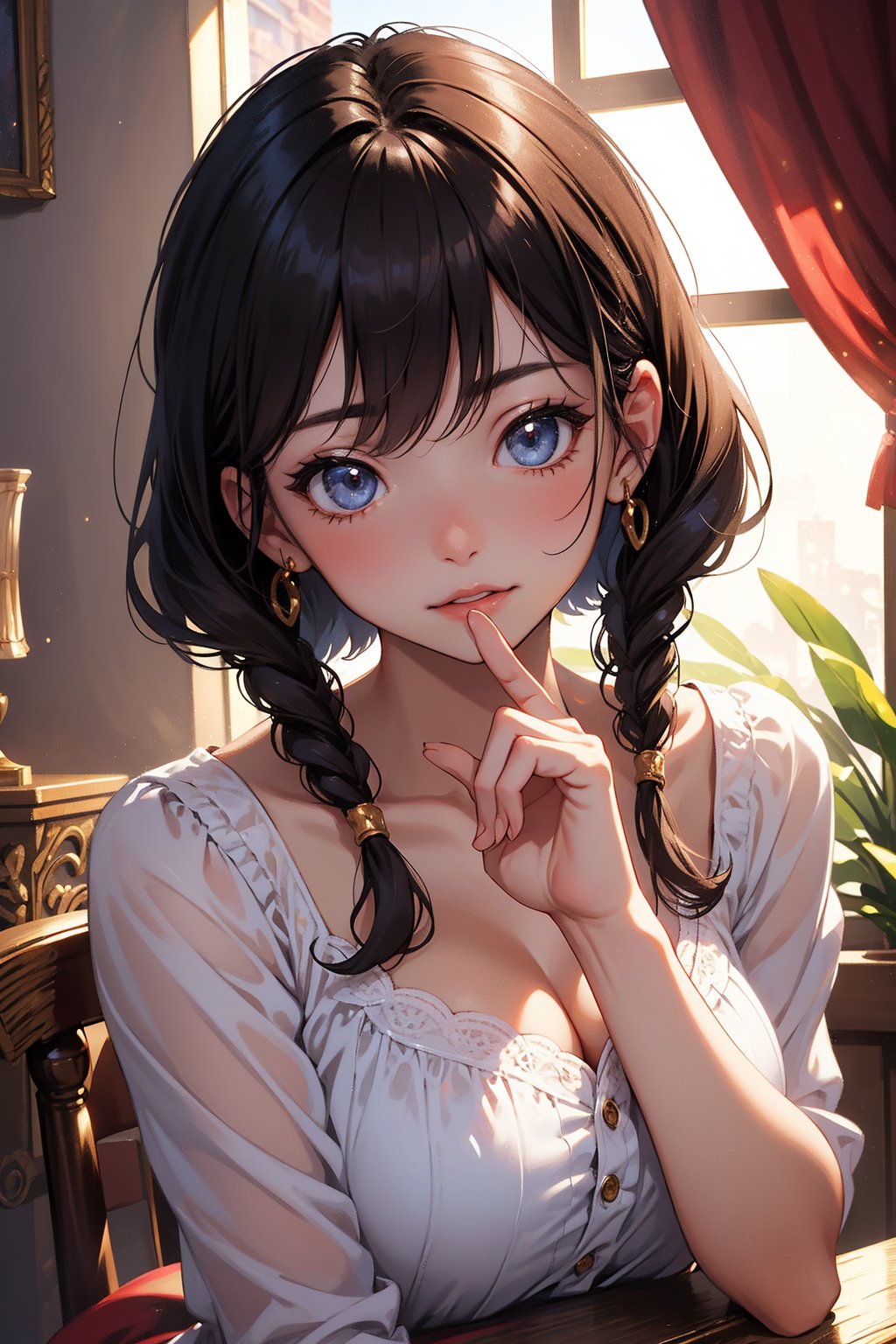 A mesmerizing masterpiece of surreal beauty, a captivating portrait of a single girl, radiating an aura of cuteness, as she poses with a 'V' hand gesture in a close-up shot. Intricate details adorn her features, set against a soft, dreamlike background, bathed in warm, golden lighting.