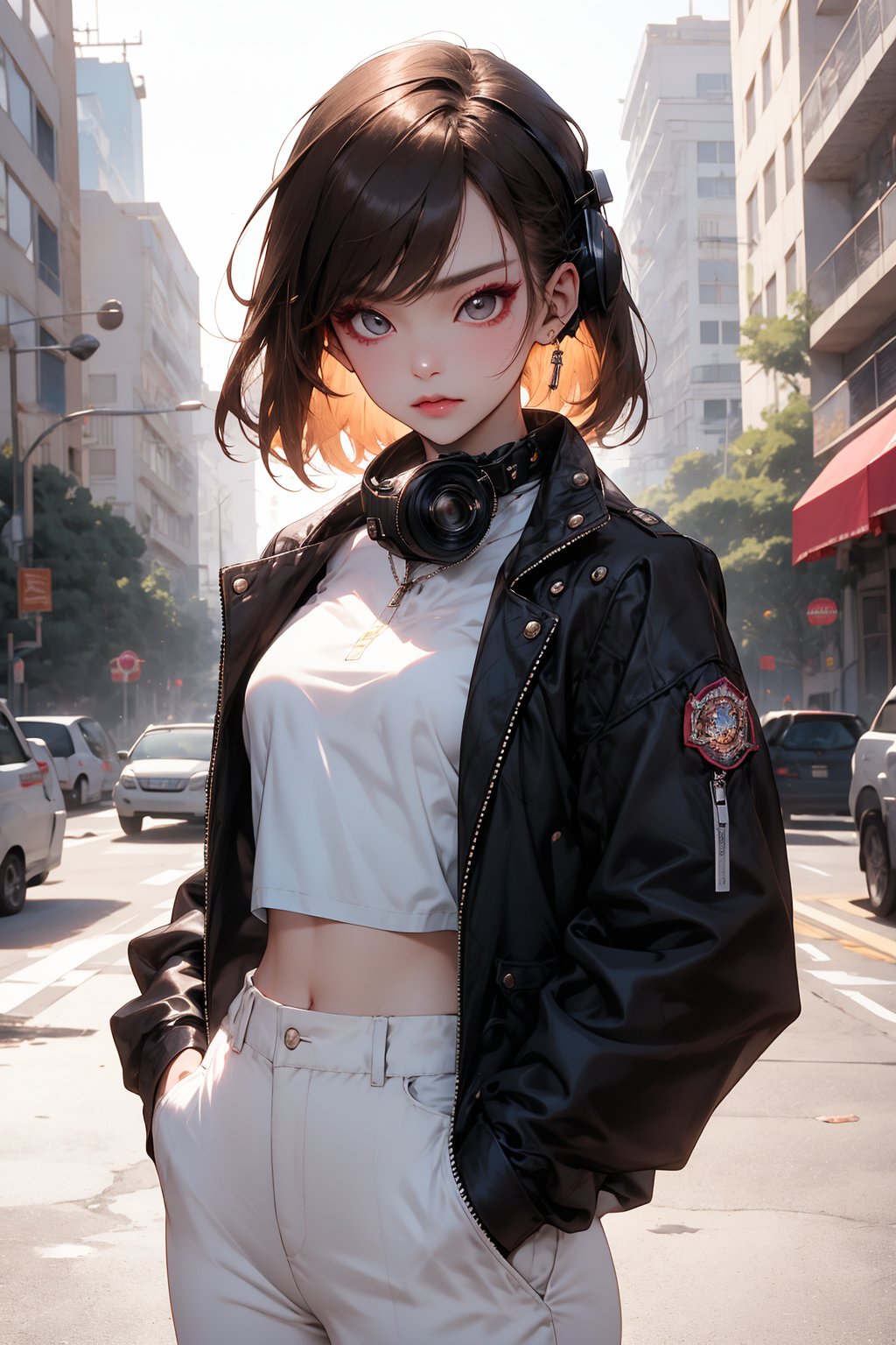 A radiant Korean K-pop beauty poses solo on a sun-kissed street. She wears baggy white pants with loose-fitting jacket and cropped top featuring a striking design. Her honey-brown hair falls in straight bangs, framing her angelic face adorned with stylish makeup. The Panasonic retro HEADSET hangs casually around her neck. Hands tucked into pockets, she gazes directly at the camera under the warm glow of the setting sun. Framed by faded film's aesthetic imperfections, her layered cut and flared jacket evoke a sense of carefree elegance.