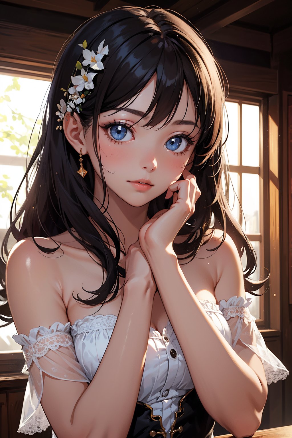 A surreal masterpiece of a young girl's face, exuding cuteness in a close-up shot. The subject's delicate features are intricately detailed, with a subtle 'V' shape formed by her hands, as if she's embracing the air itself. Soft focus and warm lighting envelop the scene, accentuating the subject's vulnerability and whimsy.