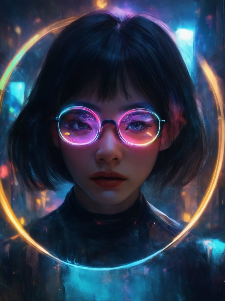 A cyberpunk girl with clear neon glasses stands out against a decadent, intricate digital painting. Framed by a subtle golden ratio composition, she's bathed in vibrant, complementary colors with rim light illuminating her features. Light leaks and subsurface scattering add depth to the scene, while sharp focus highlights every detail - from the masterfully painted eyes to the highest quality facial expressions. In the background, a deep, ever-expanding cityscape unfolds, inviting the viewer to step into this heartwarming, uplifting, charming world of fantasy.