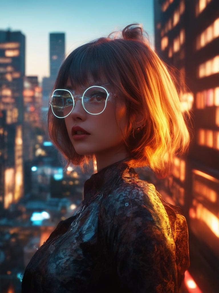 A cyberpunk fantasy girl donning clear neon glasses poses amidst a vibrant cityscape at dusk. Golden ratio details adorn her attire as she gazes up at the glowing metropolis. In 32K UHD, intricate textures and decadent patterns shimmer under soft light leaks, while subsurface scattering adds depth to her skin. Rim lighting highlights her features, with sharp focus on her captivating eyes and face. The background hums with energy, featuring a deep cityscape bathed in warm, complementary hues.