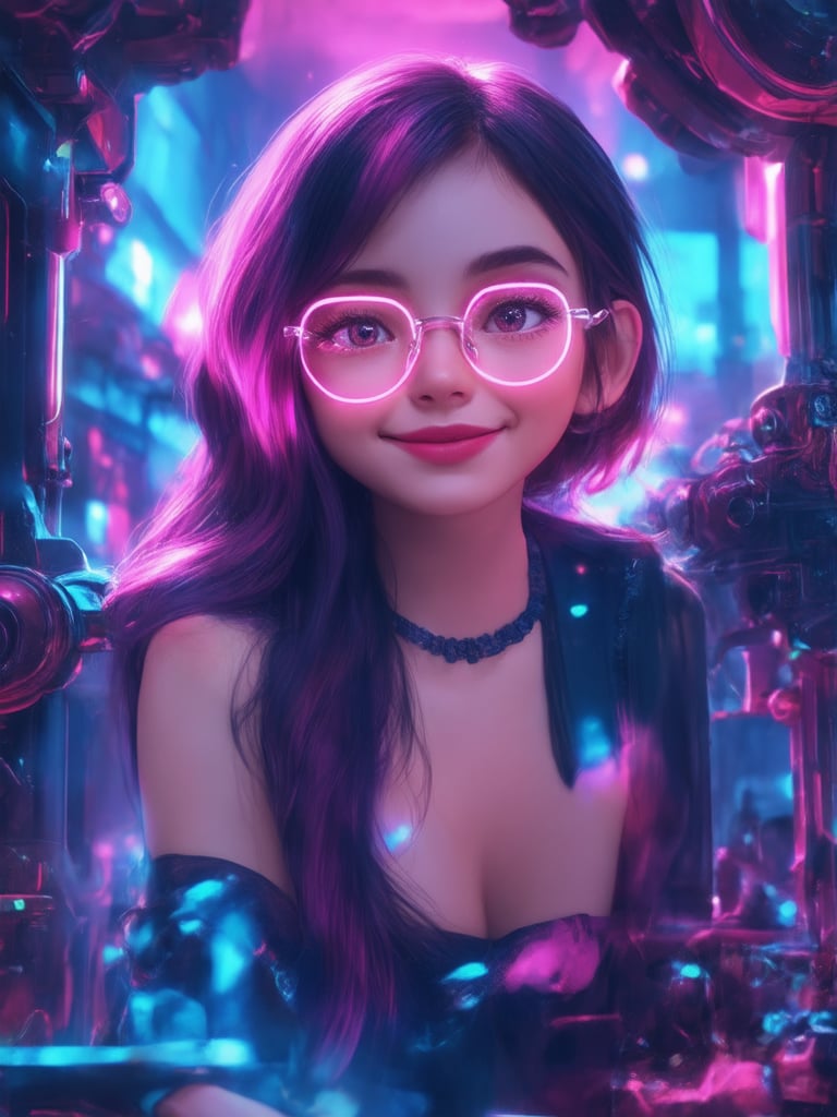 In a cyberpunk metropolis bathed in vibrant neon hues, a captivating girl with clear neon glasses gazes directly at the viewer. Framed within a golden ratio composition, she sits amidst intricate, decadent machinery, showcasing Loish's signature smooth lines and WLOP's refined details. Ever After High-inspired fantasy elements intertwine with octane render's high-tech aesthetic in this 32K UHD masterpiece. Heartwarming, uplifting charm emanates from her warm smile and sparkling eyes, set against a deep background of subsurface scattering and rim lighting. Light leaks accentuate the vivid colors, creating an unforgettable digital painting experience.