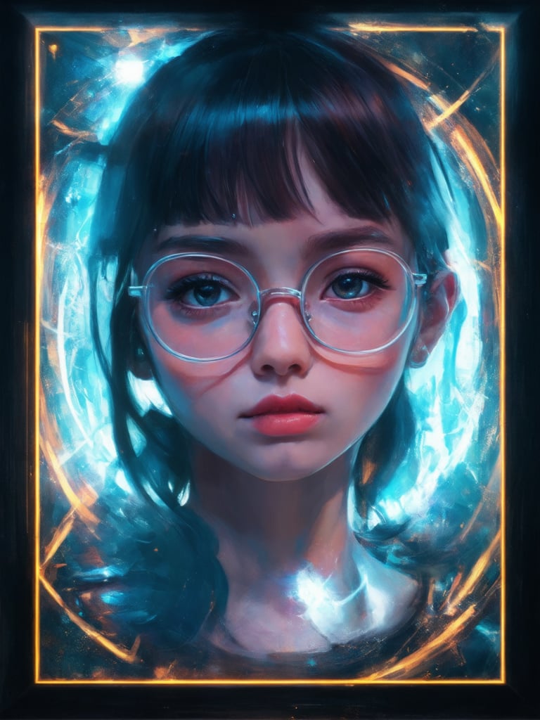 In a neon-drenched cyberpunk cityscape, a captivating girl with clear glasses shines like a beacon. Framed by the golden ratio's harmonious lines, she stands amidst a tapestry of intricate, decadent details. Her smooth, high-definition features, rendered in 32k UHD, exude warmth and charm. Eyes sparkle with a deep intensity, while her face is bathed in soft rim light, subtly highlighting the contours. A masterpiece of digital painting, this artwork masterfully blends fantasy and cyberpunk elements, evoking a sense of ever-after high-octane wonder.