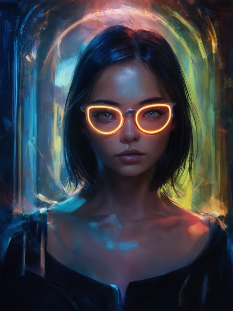 Digital painting of a cyberpunk girl wearing clear neon glasses, set against a decadent backdrop with intricate details. The golden ratio guides the composition, while UHD resolution ensures a masterpiece-quality image. Eyes are detailed, face is highly rendered, and lighting is stunning with rim light, subsurface scattering, and light leaks. Vibrant complementary colors pop in the deep background, all in sharp focus.