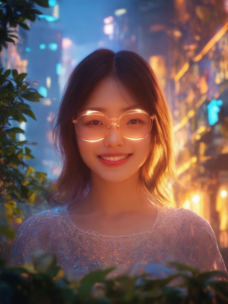 In a neon-drenched cyberpunk cityscape, a captivating girl with clear, glowing glasses and intricate, golden-ratio details stands out against the vibrant, high-contrast backdrop. Her smooth, detailed face and mesmerizing eyes shine with a soft, rim-lit glow. The warm lighting emphasizes her charming smile, surrounded by lush foliage and atmospheric haze. In the foreground, ornate, decadent architecture blends seamlessly with the futuristic landscape, as if ever after.