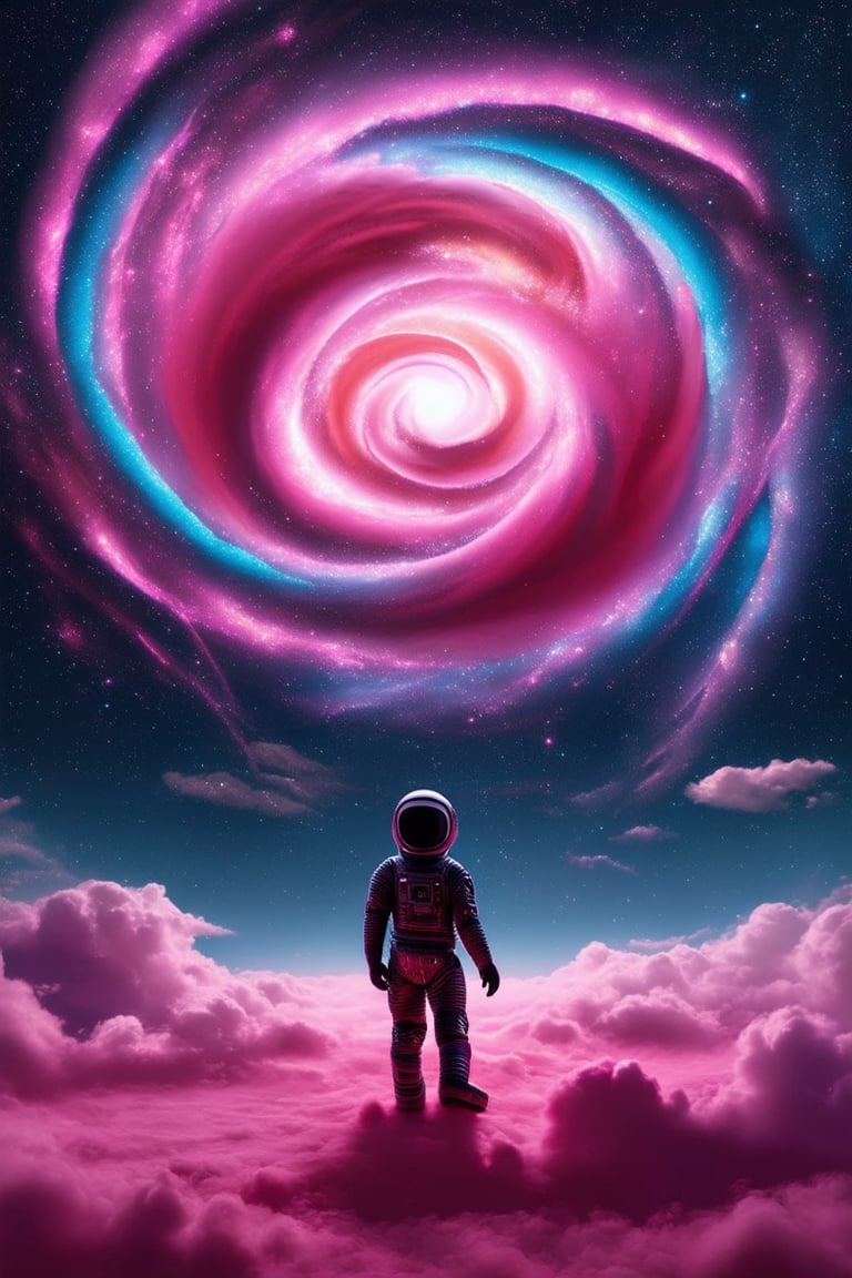 A surreal 3D pink space with swirling vortex-like patterns, reminiscent of a cosmic storm. The pink hue dominates, with subtle purple and magenta undertones. In the foreground, a lone astronaut (dressed in sleek black attire) floats serenely amidst the turbulent clouds of color. Framed by an endless expanse of starry night sky.