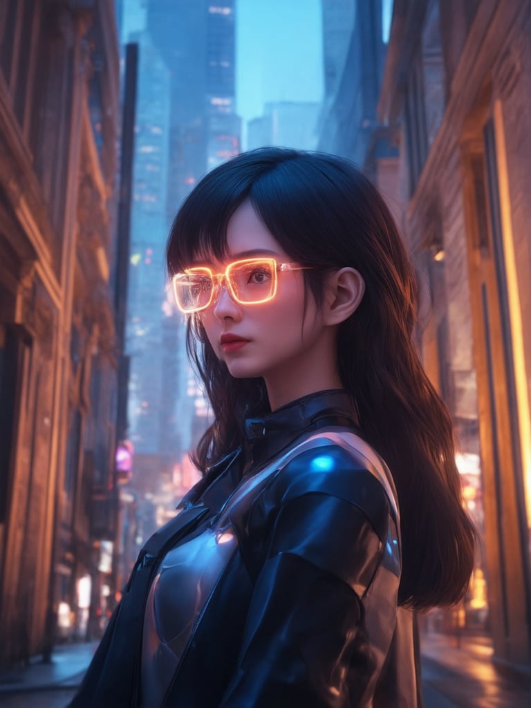 In a futuristic cityscape, a cyberpunk girl with clear neon glasses gazes longingly into the distance. Framed by ornate architecture, she stands against a warm-toned backdrop of winding streets and towering skyscrapers. Golden ratio details adorn her intricate costume, shimmering in 32K UHD glory. Her face is a masterpiece of detailed eyes and facial features, illuminated by subtle light leaks and subsurface scattering. Rim lighting accentuates her features, as vibrant complementary colors dance across the scene. The overall effect is heartwarming, uplifting, and charming, with sharp focus and stunning visual details that transport viewers to a fantasy world of cyberpunk wonder.