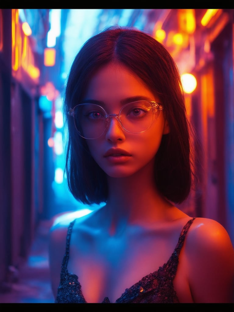 In a neon-drenched alleyway, a cyberpunk girl with clear glasses glistens like a digital icon. Framed by a golden ratio composition, she exudes charm and sophistication. In 32k UHD detail, her intricate features are set against a decadent backdrop of vibrant colors and subtle light leaks. Her eyes, a masterpiece of detailed craftsmanship, shine bright with an otherworldly glow. The rim light accentuates her defined jawline as subsurface scattering adds depth to her skin tone. A deep background of swirling circuitry completes the scene, inviting viewers to step into this ever-after high fantasy world.