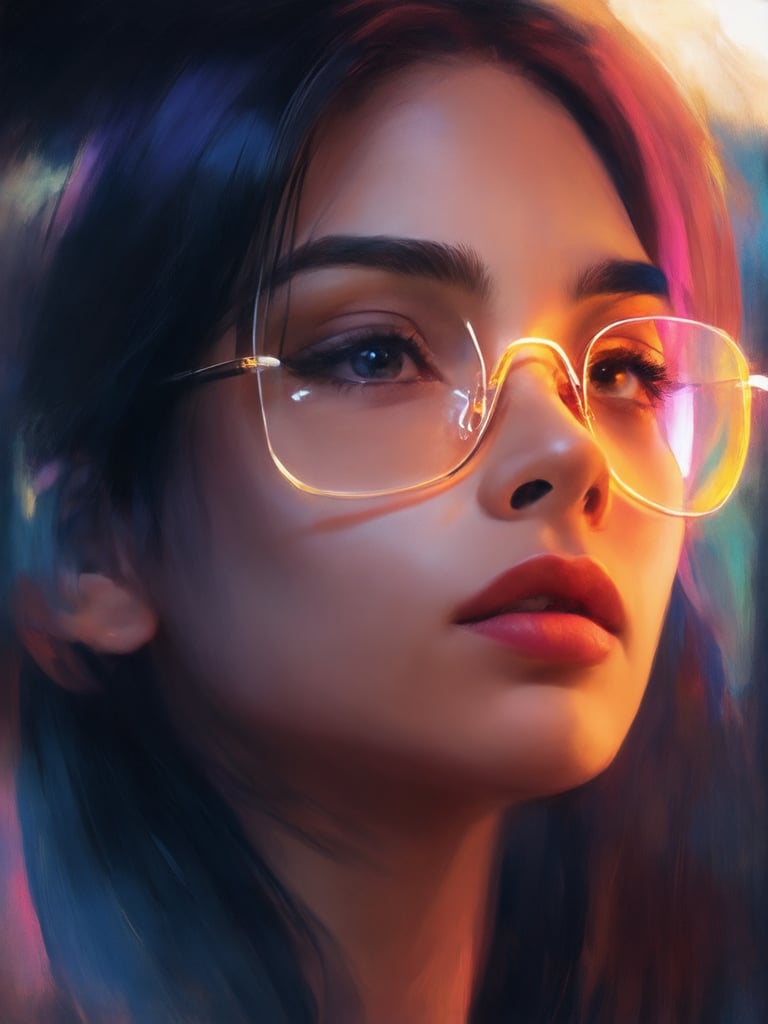 A cyberpunk girl, wearing clear neon glasses, gazes out from a golden ratio-framed composition in a stunning 32K UHD digital painting. Her intricate, decadent features are sharply focused, with detailed eyes and face, set against a deep background of vibrant complementary colors. Soft light leaks and subtle rim lighting accentuate her features, while subsurface scattering adds depth and dimensionality to her skin. The overall effect is heartwarming, uplifting, and charming, like a masterpiece from the likes of Artgerm or Loish.