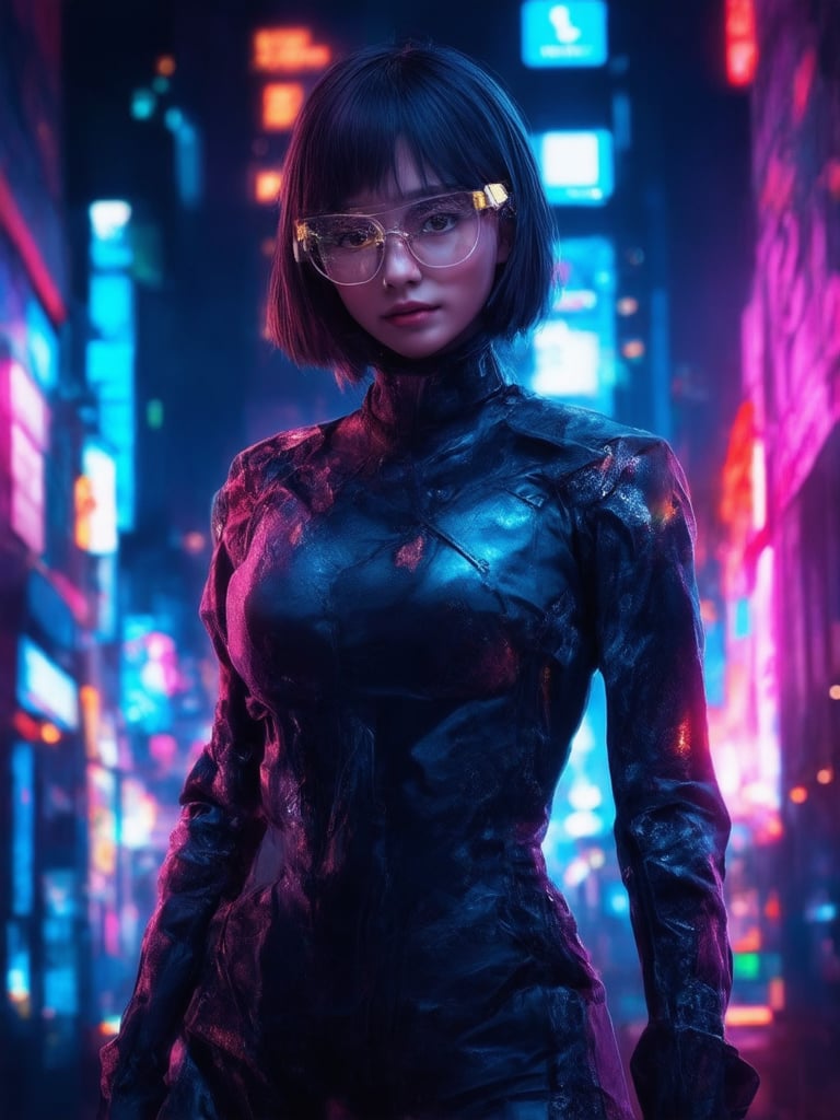 A cyberpunk girl stands amidst a neon-drenched cityscape, wearing clear glasses that refract the vibrant hues. Golden ratio details adorn her intricate, decadent attire, as she gazes off-camera with detailed, heartwarming eyes. Set against a deep, subsurface-scattered background, she's framed by a rim light, casting a subtle glow. Light leaks and vibrant complementary colors add to the UHD masterpiece's charm.