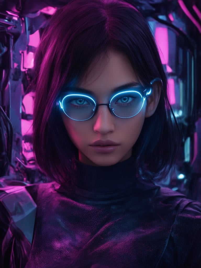 A cyberpunk girl with clear neon glasses, her gaze piercing through the futuristic landscape. In a golden ratio composition, she stands amidst intricately detailed machinery, her figure a masterpiece of smooth lines and sharp focus. UHD rendering captures every nuance: detailed eyes, face, and clothes that shimmer in light leaks and subsurface scattering. Rim lighting highlights her striking features, set against a deep, vibrant background of complementary colors.