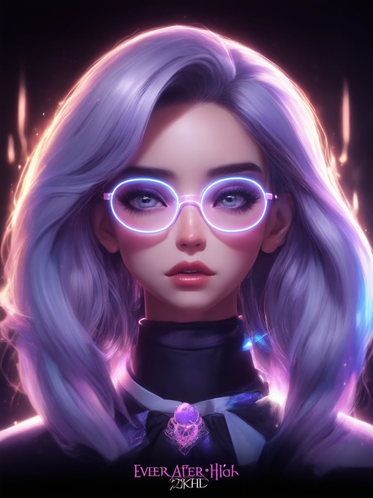 A cyberpunk beauty dons clear neon glasses, surrounded by a warm glow of golden ratio harmony. In crisp 32k UHD, her intricate features shine with smooth, sharp focus. Inspired by Ever After High's whimsical charm, this digital masterpiece weaves fantasy and cyberpunk elements. Artgerm, Loish, and Wlop would be proud of the detailed eyes, face, and background, all set against a backdrop of vibrant complementary colors. Light leaks and subsurface scattering add depth, while rim light highlights her features, creating a heartwarming, uplifting, and charming scene.