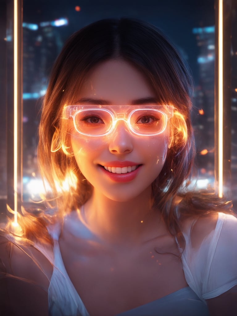 A cyberpunk beauty, adorned with clear neon glasses, sits in a golden ratio-framed composition against a deep, richly detailed cityscape. Her intricate features, crafted with precision, are set ablaze by rim light and subsurface scattering, as if kissed by the neon glow. Light leaks dance across her face, drawing attention to her charming smile and sparkling eyes, which seem to gleam with an otherworldly intensity. The entire scene is bathed in a warm, inviting atmosphere, as if seen through a subtle lens flare.