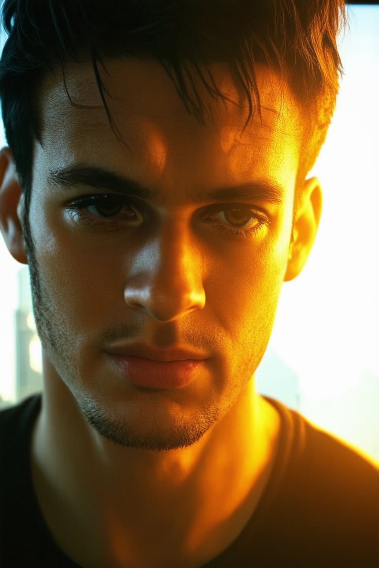 A close-up shot of Jero's face, with warm golden light illuminating his features. His eyes are cast downward, a hint of introspection on his expression. The background is blurred, with a faint cityscape visible through the window behind him.