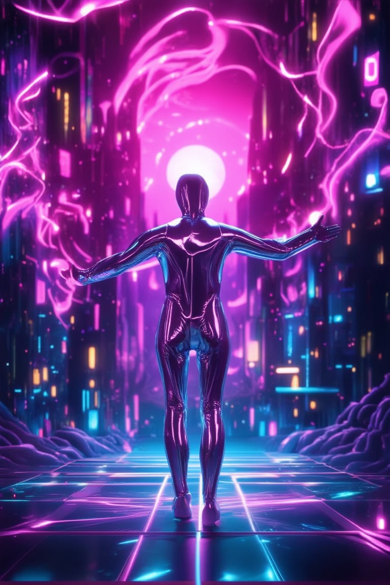 A surreal 3D space with a dominant pink hue, reminiscent of neon-lit cityscapes at dusk. The atmosphere is electric, with swirling vortex-like shapes and geometric patterns that seem to pulse with an otherworldly energy. In the foreground, a futuristic figure in a sleek silver jumpsuit stands poised, arms outstretched as if conducting the cosmos itself.