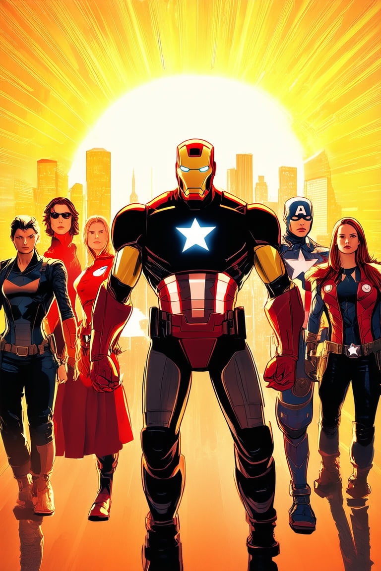 A vibrant, dynamic image of Marvel's iconic characters set against a radiant bright background. The Avengers' logo glows with an intense yellow light, as Iron Man, Captain America, and Thor pose heroically in front of a stylized cityscape. The lighting is bold and dramatic, with the bright color palette emphasizing their unified strength.