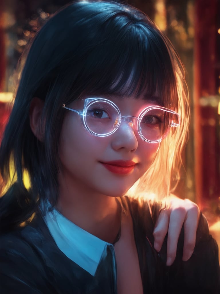 A cyberpunk girl with clear neon glasses sits elegantly against a rich, decadent backdrop, surrounded by intricate details and subtle golden ratio harmonies. In 32k UHD, her face is rendered in smooth, sharp focus, showcasing detailed eyes and a charming smile. The scene is bathed in warm, rim light, with vibrant complementary colors and beautiful lighting and shading, subtly enhanced by light leaks and subsurface scattering. The overall effect is a masterful illustration that exudes heartwarming, uplifting charm.