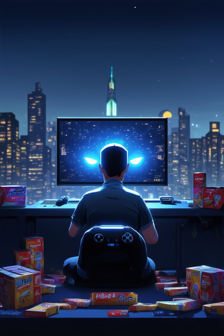 A digital art illustration of a gamer character sitting in front of a massive gaming console with a cityscape at dusk in the background. The gamer's eyes glow bright blue as they intensely focus on their controller, surrounded by scattered game boxes and snack wrappers. The warm glow of the screen casts an inviting light on their determined face.