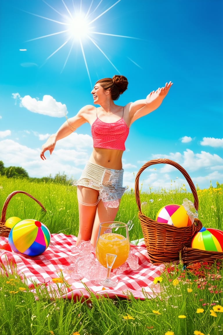 A sun-kissed afternoon in a lush green meadow, with vibrant wildflowers swaying gently in the breeze. A carefree young woman, hair tied up in a messy bun, laughs and twirls around a colorful picnic blanket, surrounded by overflowing baskets of fresh fruit, vintage glasses filled with ice-cold lemonade, and a few scattered beach balls.