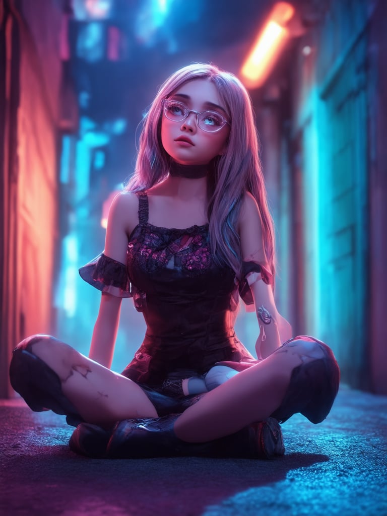 In a neon-lit alleyway, a cyberpunk girl with clear glasses and intricate details, inspired by Ever After High, sits cross-legged on the ground. Golden ratio principles guide her pose as she gazes upwards, surrounded by vibrant, complementary colors. Octane Render's smooth, sharp focus captures every detail of her face, from her detailed eyes to the subtle curves of her cheeks. Rim light and subsurface scattering create a beautiful, heartwarming glow around her, set against a deep background with light leaks adding a touch of whimsy. The overall effect is a charming, uplifting masterpiece in 32k UHD.