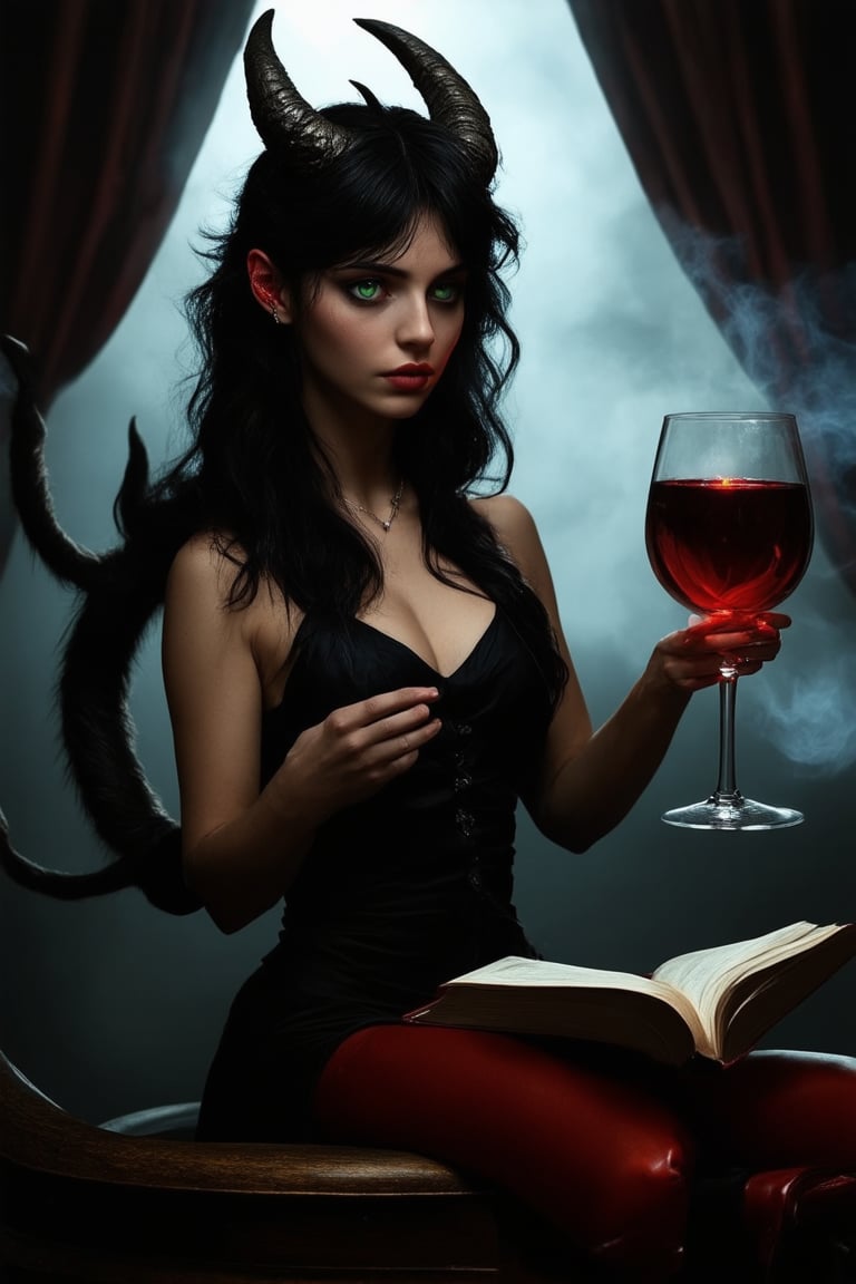 A sultry girl devil in a dimly lit, smoky tavern setting, her horns and tail gleaming with an otherworldly light. She's posed seductively on a worn wooden barstool, one hand grasping a crimson wine glass while the other teases the edge of her leather-bound book. Her piercing green eyes seem to pierce through the haze, daring anyone to enter her realm.