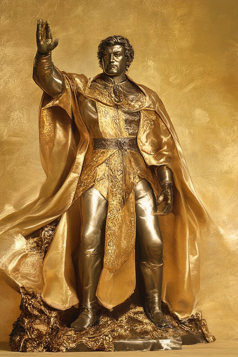 A majestic Legend in a timeless classic setting. A regal figure stands proud against a warm, golden background, with soft, subtle shading and gentle highlights on their legendary attire. The pose is heroic, with one arm outstretched and the other holding a mystical artifact. The composition is balanced, with negative space framing the figure's powerful presence.