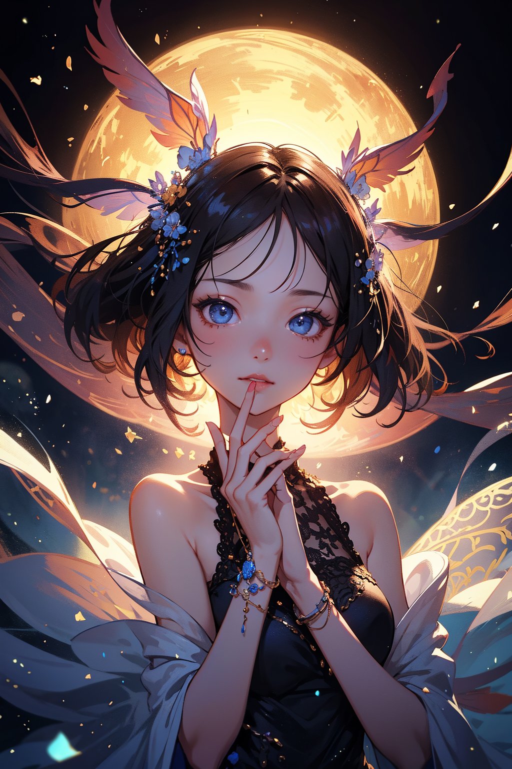 A mesmerizing masterpiece of surreal beauty, a petite girl with intricately detailed features and a captivating aura poses in a close-up shot. Her delicate hands form a 'V' shape around her face, as if protecting the viewer from the whimsical world surrounding her. Soft focus and gentle lighting enhance the enchanting atmosphere, drawing the viewer into an otherworldly realm.