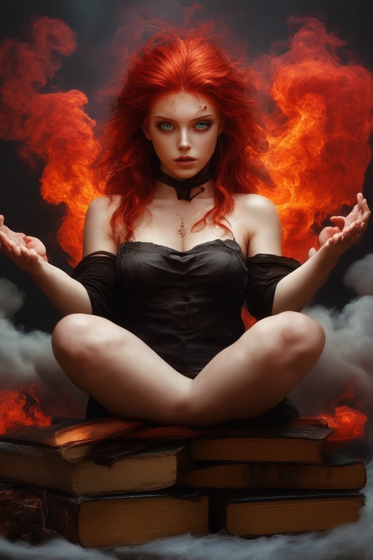 A sultry girl, with fiery red locks and piercing green eyes, sits atop a pile of ancient tomes, surrounded by swirling clouds of crimson smoke. Her skin glows with an otherworldly aura as she raises her hands, summoning forth dark magic. The framing is tight, with the subject centered in the composition, while the warm lighting casts dramatic shadows on her face.