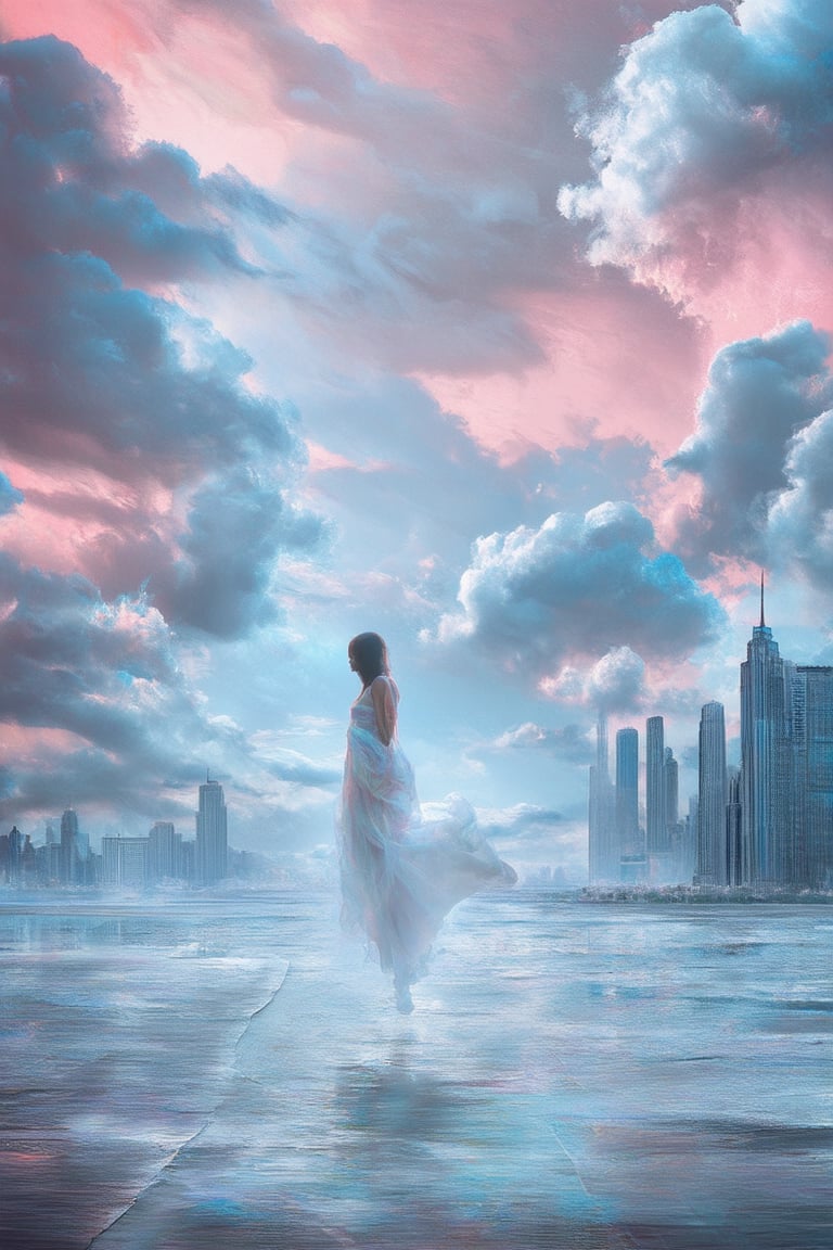 A surreal dreamscape unfolds as a lone figure floats amidst swirling clouds of soft pink and baby blue hues. The 'acent' (accent) on this ethereal scene is the subtle shimmer of iridescent mist, gently caressing the subject's features. In the distance, cityscape skyscrapers fade into wispy nothingness, lost in the dreamer's subconscious.