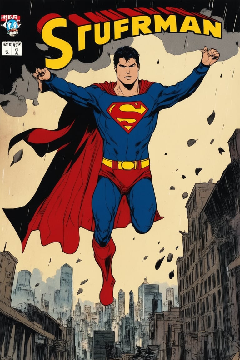 A dynamic comic book cover featuring Superman soaring through a stormy sky. The Man of Steel's iconic red and blue suit glistens with raindrops as he stretches out his arms, his cape billowing behind him like a dark cloud. In the background, a cityscape sprawls in chaos, buildings crumbling beneath the force of his flight. The title Up, Up and Away emblazoned in bold yellow letters across the top, while Superman's logo on his chest glows with a warm, golden light.