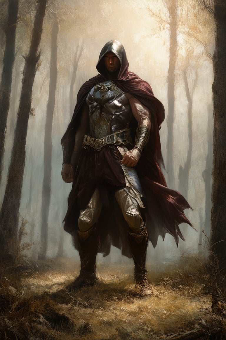 A hero emerges from the shadows, cloaked in a warm golden light, as if illuminated by the setting sun of an ancient civilization. In the midst of a misty forest, where myth and legend unfold, this legendary figure stands tall, its iconic pose commanding attention. The Classic Legend is reborn.