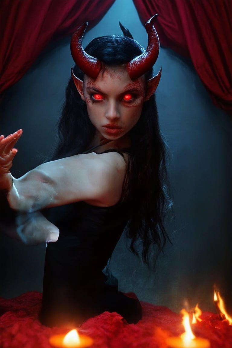 A sultry girl devil poses dramatically in a darkened room, surrounded by crimson drapes and flickering candles. Her horns curve upwards from her forehead, and her piercing red eyes seem to gleam with mischief. A fiery aura surrounds her as she stretches out one hand, beckoning the viewer closer.