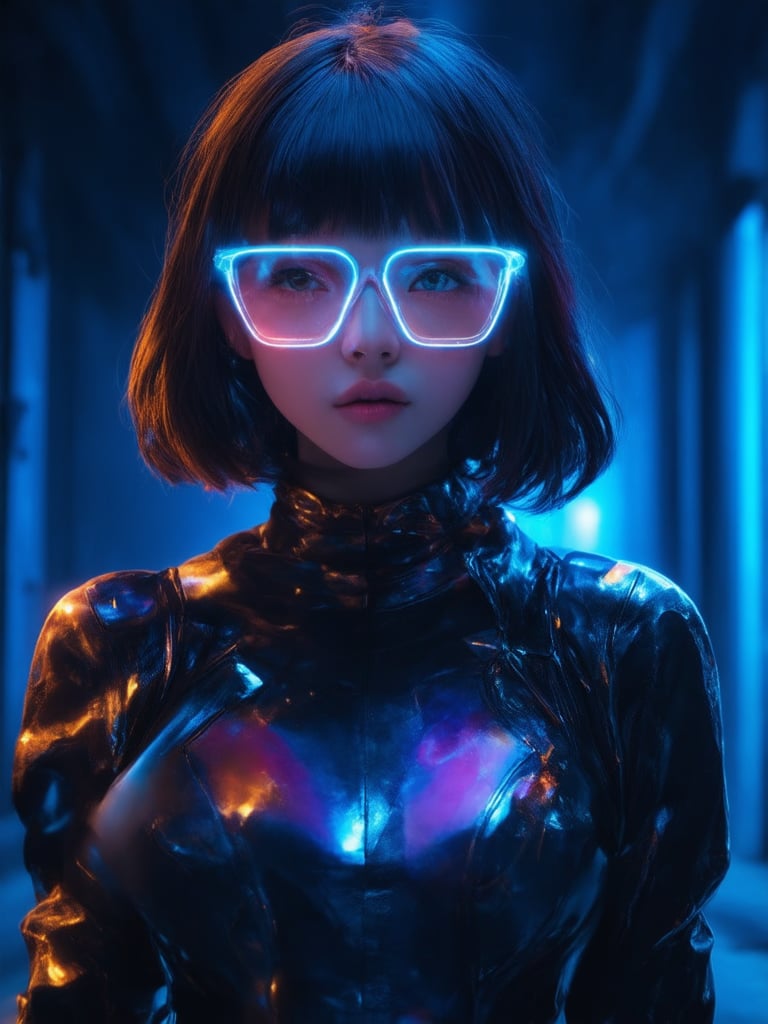 A cyberpunk girl with clear neon glasses gleams in a dimly lit alleyway, surrounded by vibrant complementary colors. Golden ratio details adorn her intricate outfit, as she poses confidently against a deep, dark blue background. Light leaks and subsurface scattering create a mesmerizing effect, while rim light emphasizes the sharp focus on her detailed face and eyes. The atmosphere is heartwarming, uplifting, and charming, with smooth, high-quality rendering that pops in UHD.