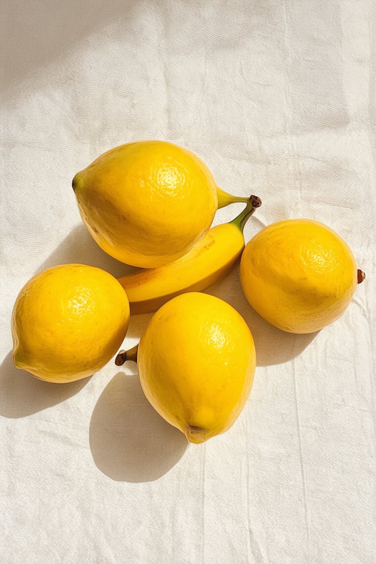 Capture a vibrant yellow hue in a simple still life setup: arrange a few bright yellow lemons and bananas on a crisp white tablecloth. Softly lit from above with warm afternoon sunlight, the yellow fruits pop against the neutral background. The composition features a subtle diagonal line, drawing the viewer's eye to the central focal point.