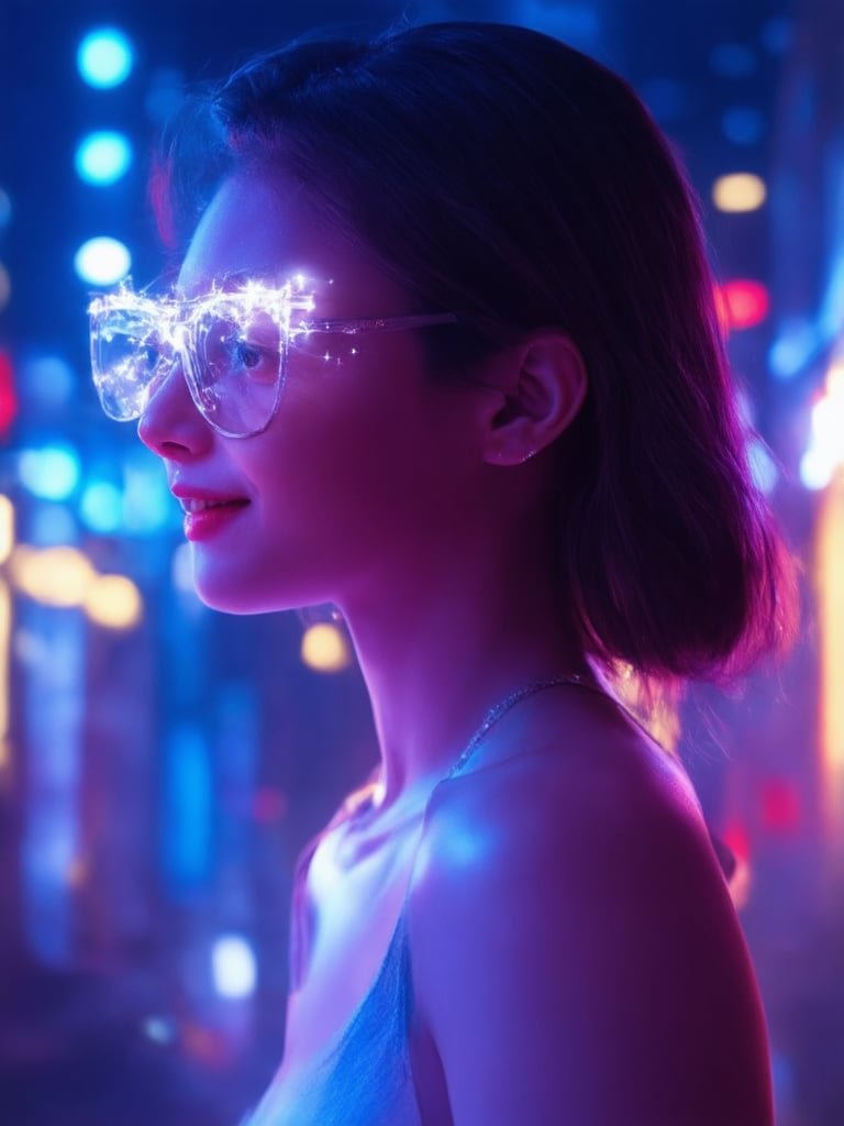 In a neon-drenched cityscape, a cyberpunk girl stands out with her radiant smile and mesmerizing gaze. Wearing clear glasses that glow like tiny stars, she exudes confidence and sophistication. The golden ratio is subtly woven throughout the composition, guiding the viewer's eye to her captivating face. In UHD detail, her features are rendered with intricate precision: the delicate curves of her eyebrows, the subtle definition of her jawline, and the soft, smooth texture of her skin. The background is a vibrant tapestry of lights and shadows, with deep blues and purples that seem to pulse with energy. Rim light illuminates her profile, highlighting the sharp focus on her striking features. As the camera pans out, we see a world of wonder and magic, where technology meets fantasy in a dazzling display of artistry.