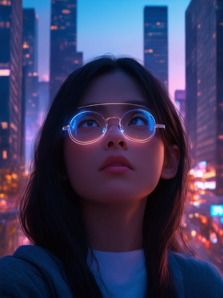 A neon-lit cyberpunk cityscape at dusk, where a captivating girl dons clear glasses aglow with soft, blue-purple hues. Her golden-ratio proportioned face radiates warmth as she gazes upwards, surrounded by intricate details and decadent textures. In 32k UHD, the scene bursts with vibrant colors: rich blues, fiery oranges, and deep purples. The girl's eyes shimmer with detailed finesse, set against a sharp-focused background of towering skyscrapers. Artfully lit with light leaks, subsurface scattering, and rim lighting, her features shine like a masterpiece. A heartwarming, uplifting, charming scene unfolds as the city comes alive in the golden glow of sunset.