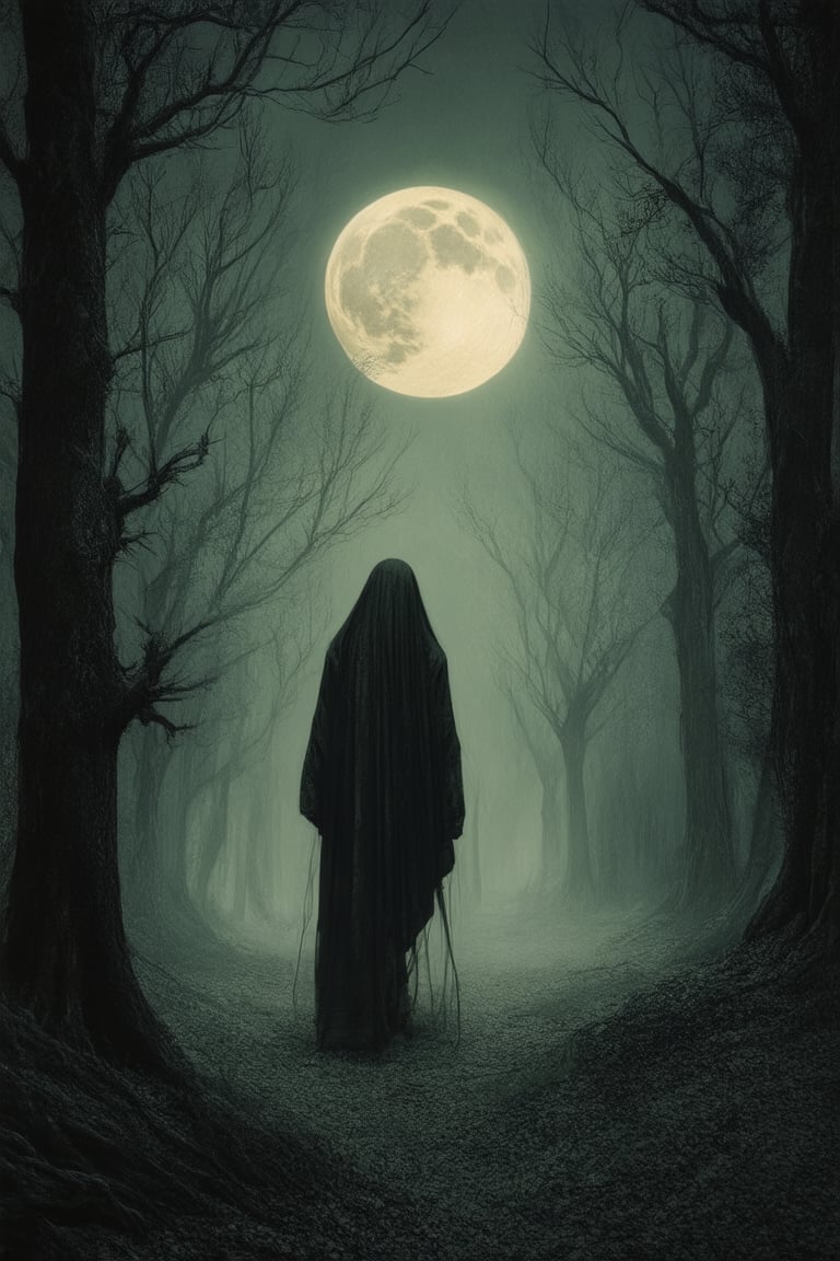 A hauntingly lit scene: a lone figure, shrouded in shadows, stands at the edge of a dark forest, the trees' gnarled branches like skeletal fingers reaching towards them. The only light comes from a distant moon, casting an eerie glow on the subject's pale face, eyes fixed intently on some unknown fate.