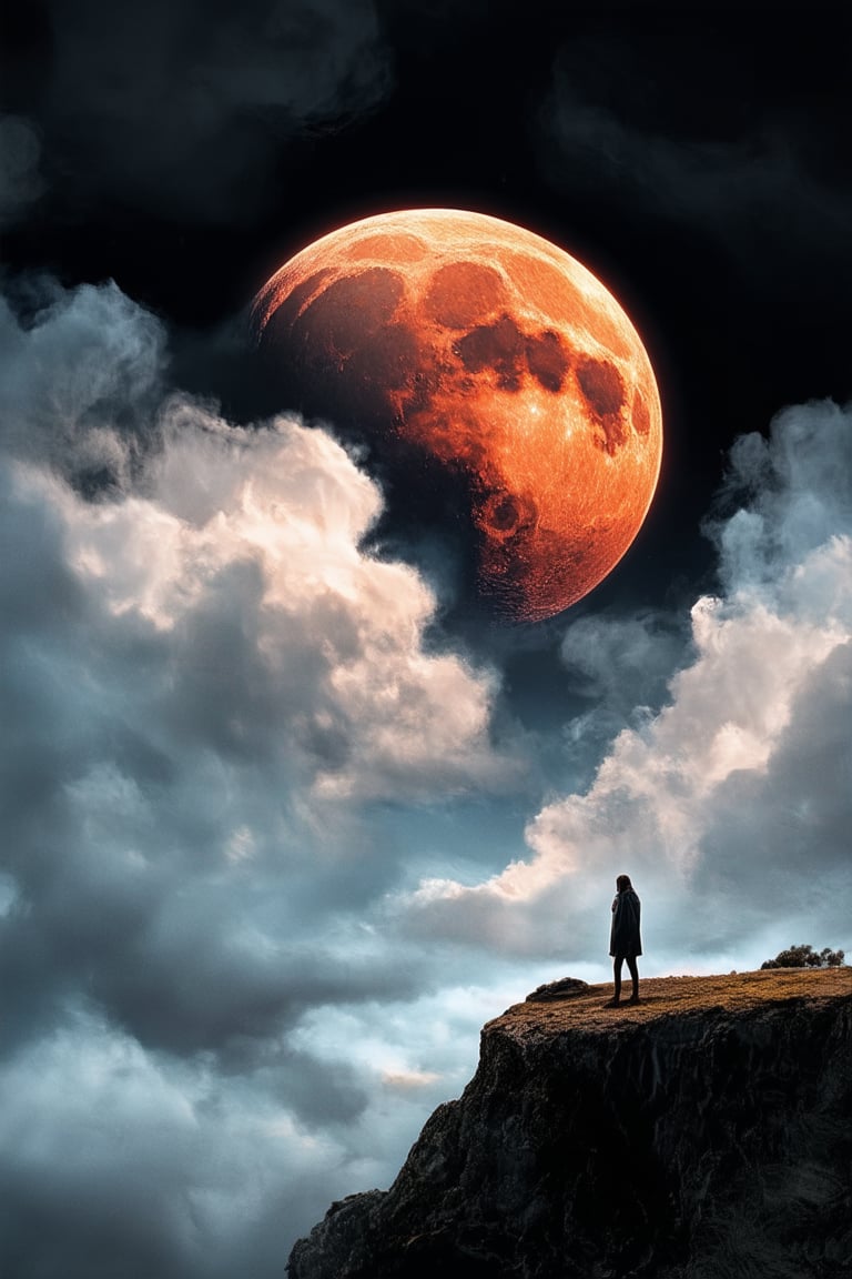 A surreal dreamscape unfolds: a crimson moon hangs low in a midnight sky, as wispy clouds of smoke curl around it like ethereal tentacles. A lone figure, shrouded in misty uncertainty, stands at the edge of a precipice, their face tilted upwards towards the celestial body's eerie glow.