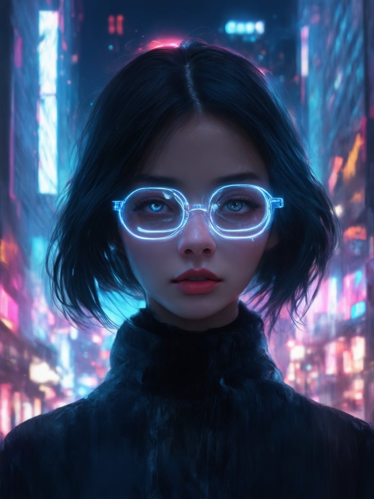 A cyberpunk girl with clear neon glasses, standing amidst a vibrant cityscape. The golden ratio is subtly incorporated into the composition, guiding the viewer's gaze. In 32k UHD resolution, her intricate features are rendered in exquisite detail, with smooth, sharp focus on her captivating face. Her eyes sparkle with charm and warmth, set against a decadent backdrop of neon-lit skyscrapers. Light leaks and subsurface scattering enhance the atmosphere, while rim light accentuates her features. The result is a masterpiece of digital painting, reminiscent of artgerm, loish, and wlop.